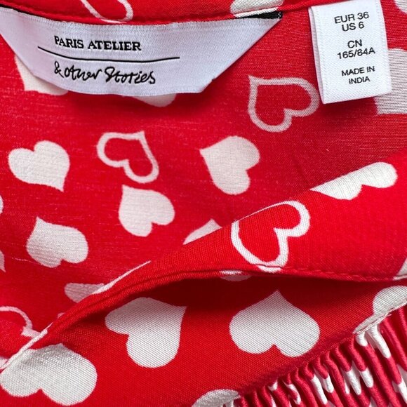 And Other Stories Frill Neck Red Love Heart L/S Midi Dress Paris Atelier, Size 6 - Picture 9 of 12